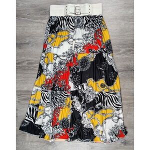 Magic Maxi Skirt L Artsy White Belt Gold Chain Leopard Print Tiered Stretch Boho